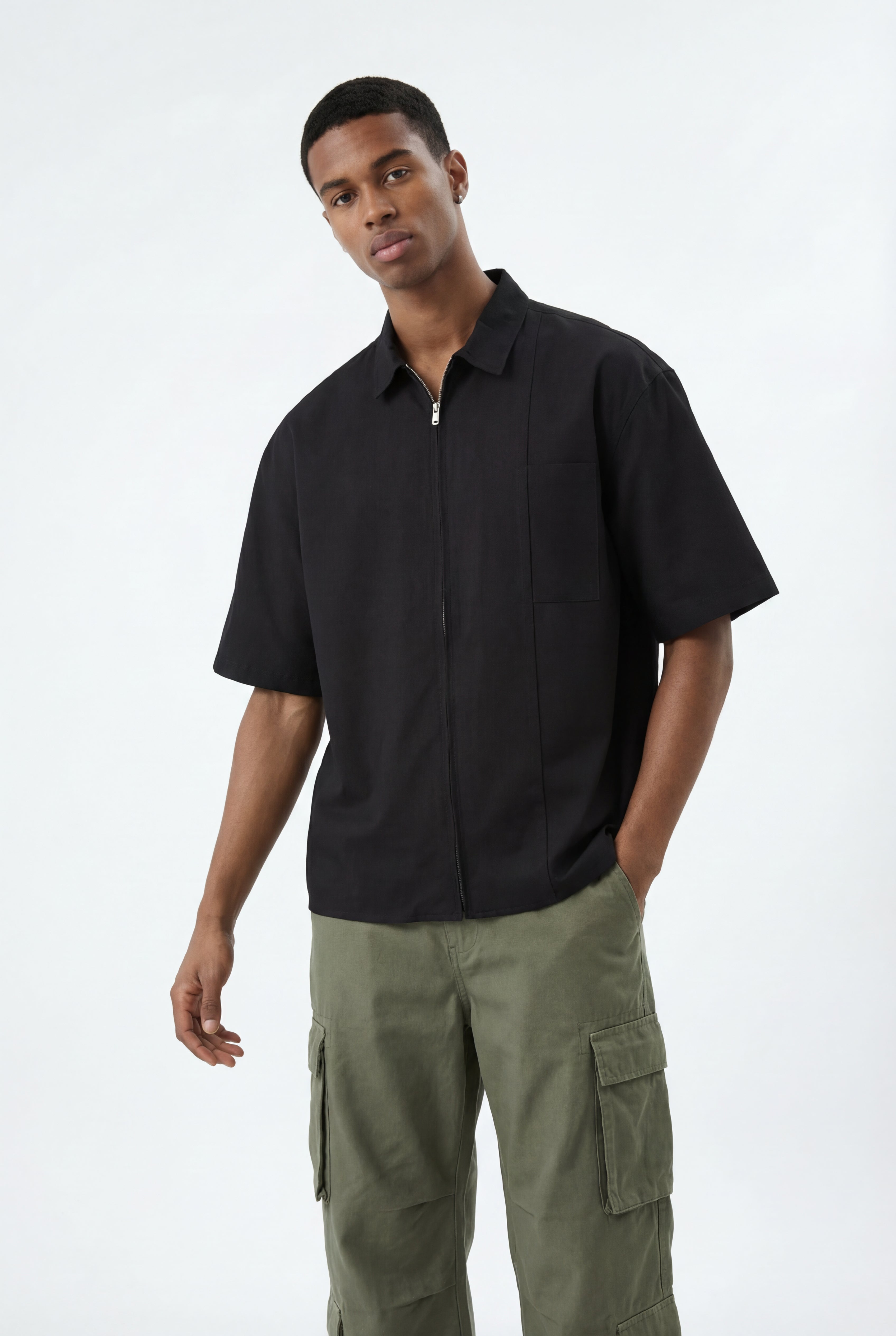 Black Zip Up Shirt Oversized Fit with Zipper Closure | Urban