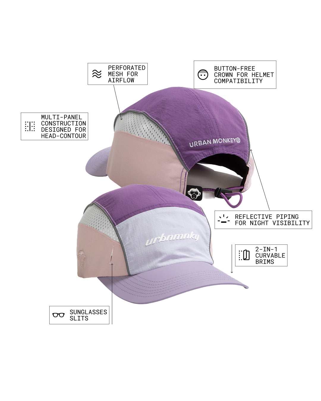 Feature breakdown of lilac, purple and pink color-showing button-free crown, mask relief loops, perforated mesh, reflective piping, curvable brim and sunglasses slits. Urban Monkey®