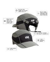 Feature breakdown of olive-grey and black cap showing button-free crown, mask relief loops, reflective piping, curvable brim and sunglasses slits. Urban Monkey®