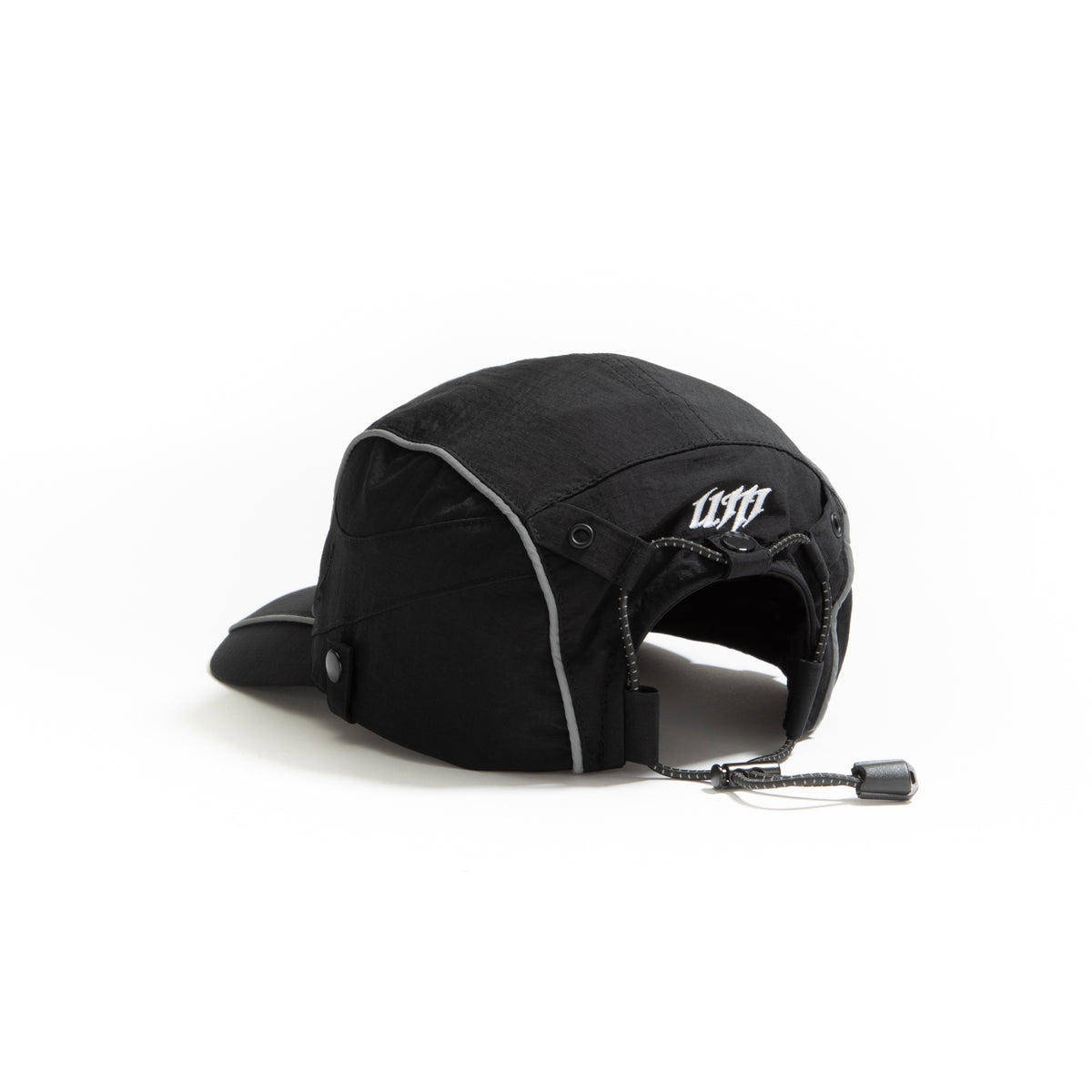 Back view of  black ripstop nylon cap with grey piping and adjustable strap Urban Monkey®