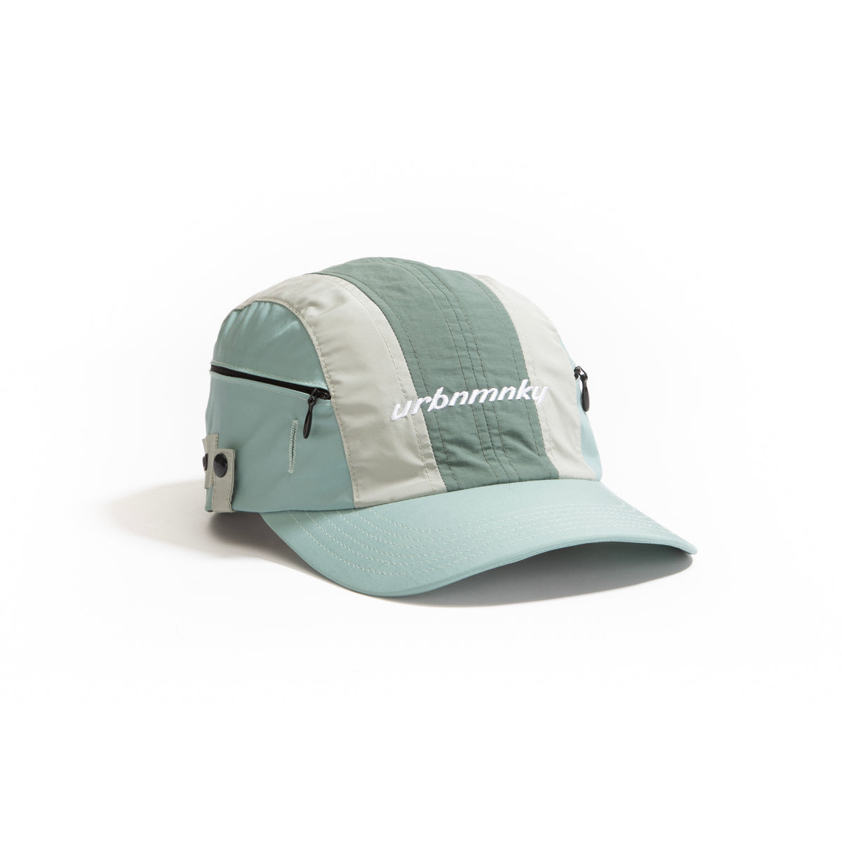 Side View sage green, grey and mint color-block nylon cap with Zip pocket Urban Monkey®