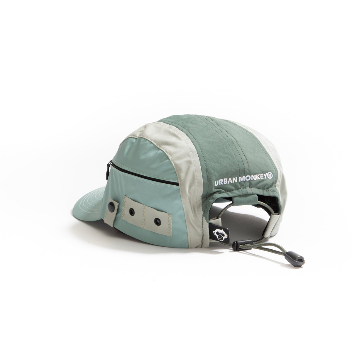 Back View sage green, grey and mint color-block nylon cap with adjustable strip and metal side clips Urban Monkey®