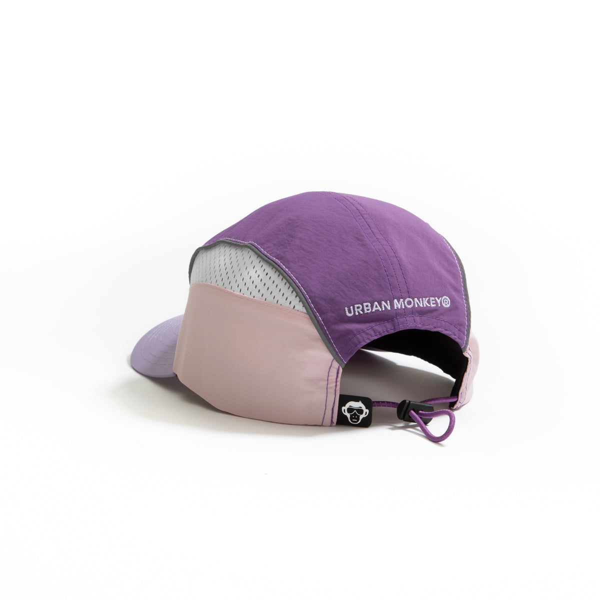 Back view of lilac, purple and pink color-block nylon cap with white logo, grey piping and adjustable strap. Urban Monkey®