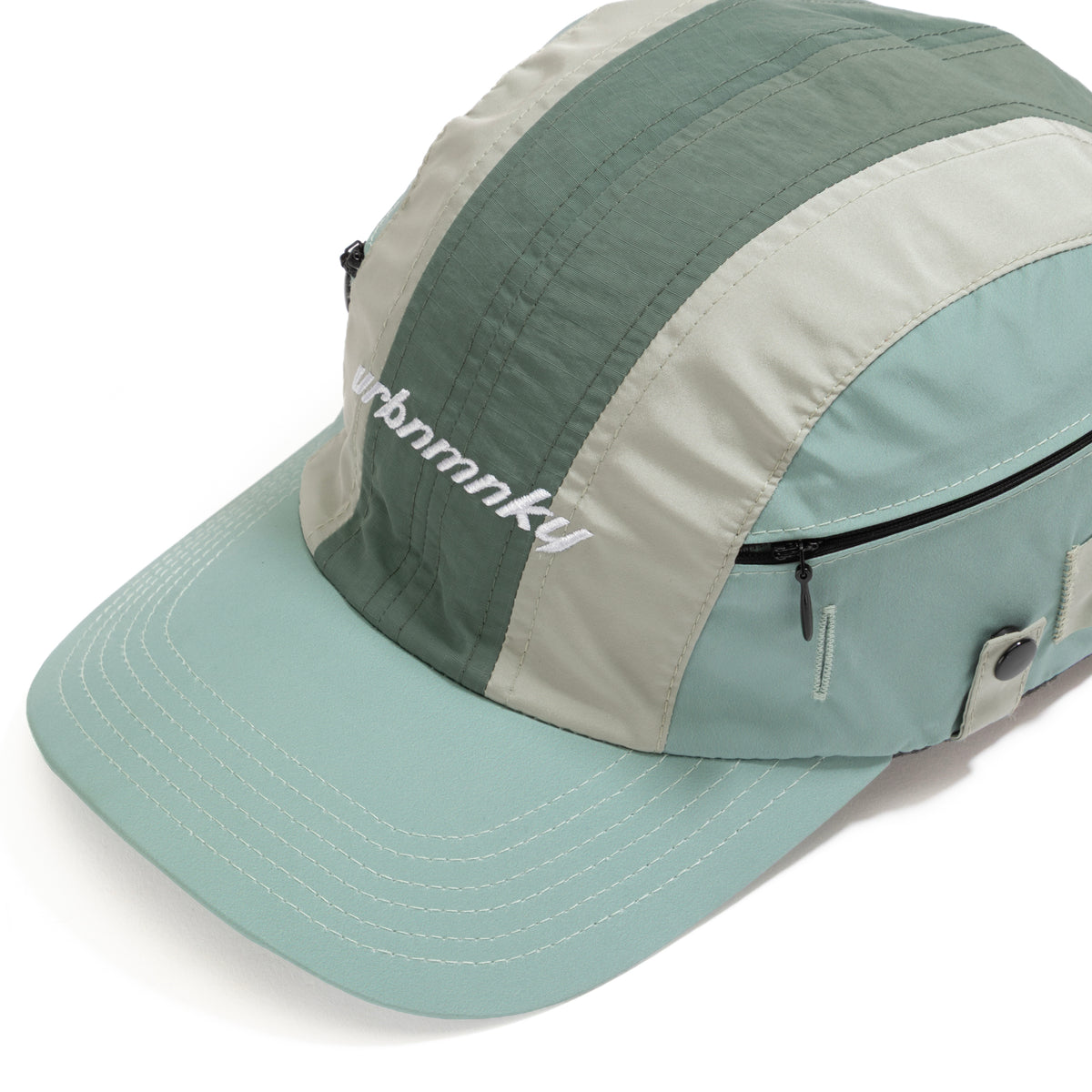 Top view sage Green 5-Panel Cap with white embroidered logo, side zip pocket and metal side clips Urban Monkey®