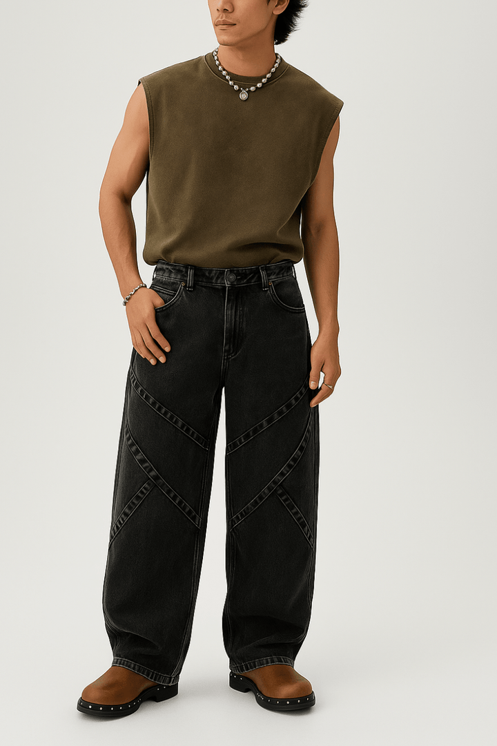 Cross Pleated Wide Leg Jeans // Washed Black
