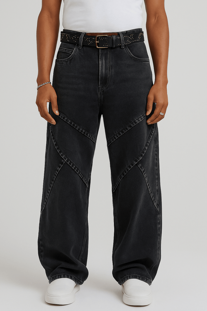 Cross Pleated Wide Leg Jeans // Washed Black