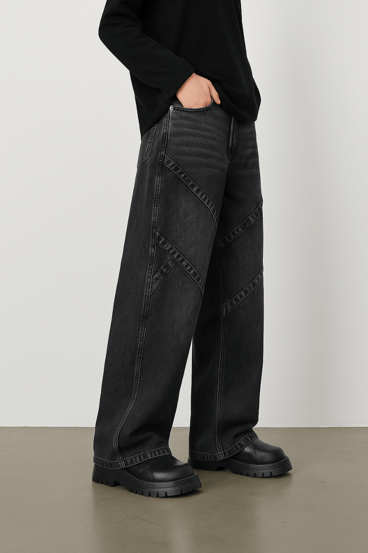 Buy Cross Pleated Washed Black Wide Leg Jeans Online – Urban