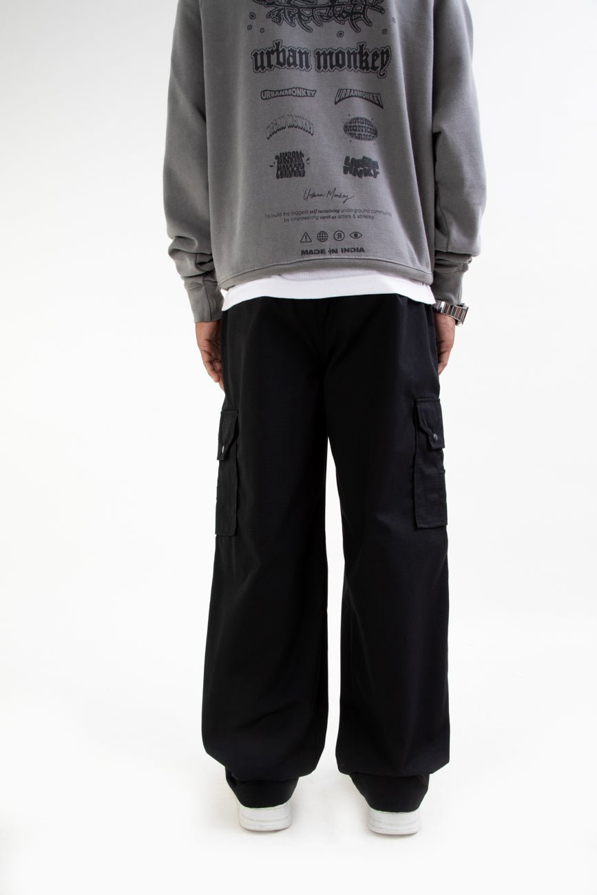 Ripstop Wide Leg Cargo Pants // Black - Urban Monkey® - CRG001_BLK_S