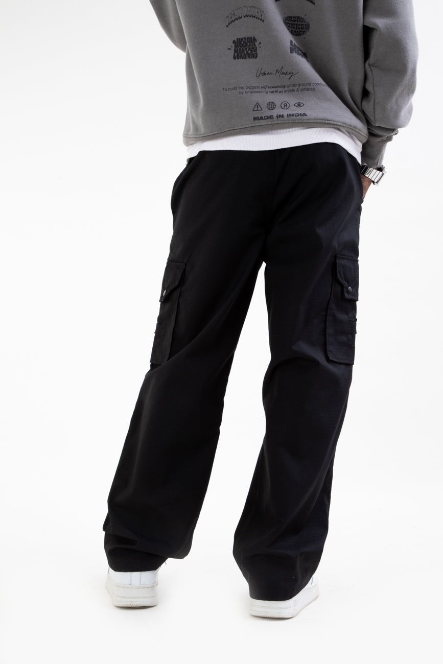 Ripstop Wide Leg Cargo Pants // Black - Urban Monkey® - CRG001_BLK_S